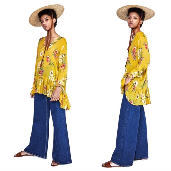 Zara Tops - NWT Zara Yellow Sheer Ruffled Print Blouse Small